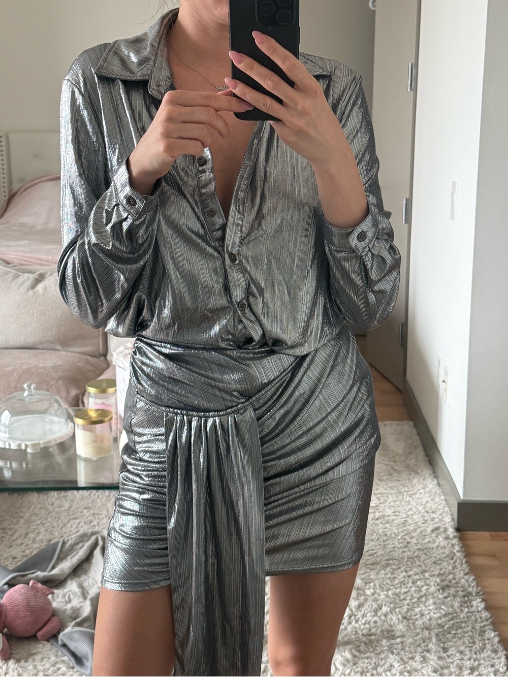 PrettyLittleThing Metallic Silver Draped Mini skirt and Shirt